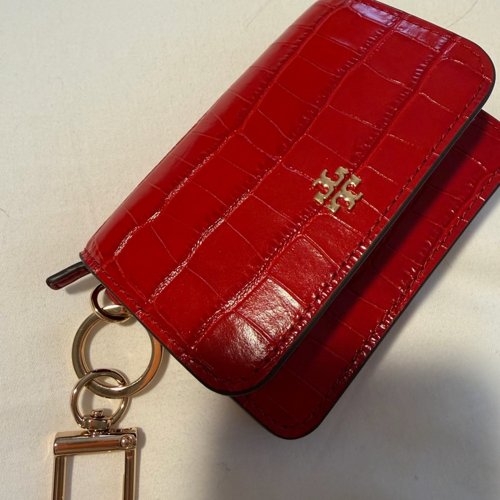Tory Burch Red Croc-Embossed Key & Card Holder with Gold Hardware